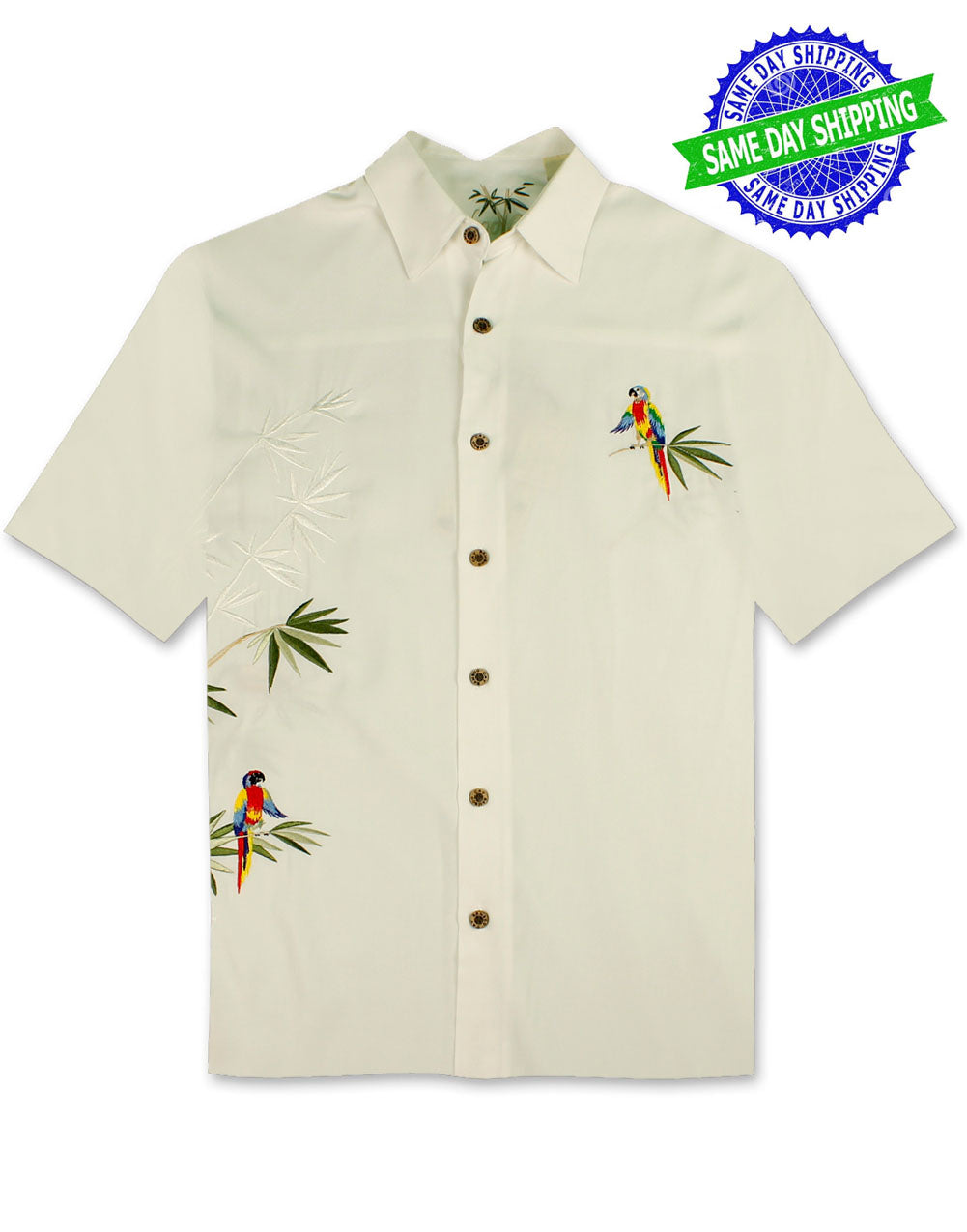Flying Parrots Embroidered Polynosic Camp Shirt by Bamboo Cay