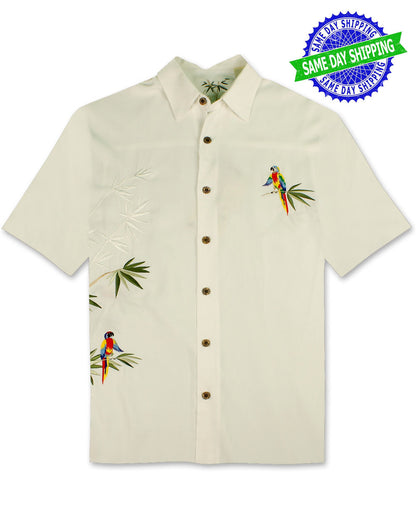 Flying Parrots Embroidered Polynosic Camp Shirt by Bamboo Cay