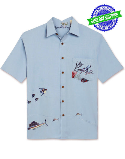 Captured Octopus Embroidered Polynosic Camp Shirt by Bamboo Cay