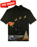 Coastal Christmas Embroidered Christmas Aloha Shirt by Bamboo Cay - Black