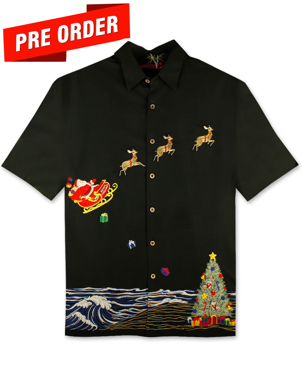 Coastal Christmas Embroidered Christmas Aloha Shirt by Bamboo Cay - Black