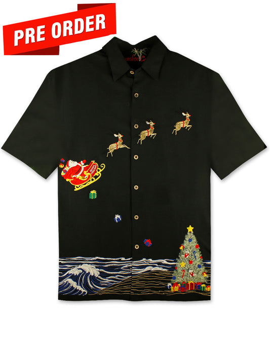 Coastal Christmas Embroidered Christmas Aloha Shirt by Bamboo Cay - Black