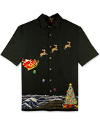 Coastal Christmas Embroidered Christmas Aloha Shirt by Bamboo Cay - Black