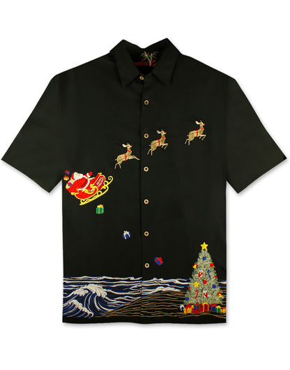Coastal Christmas Embroidered Christmas Aloha Shirt by Bamboo Cay - Black