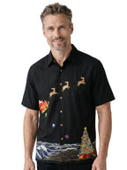 Coastal Christmas Embroidered Christmas Aloha Shirt by Bamboo Cay - Black