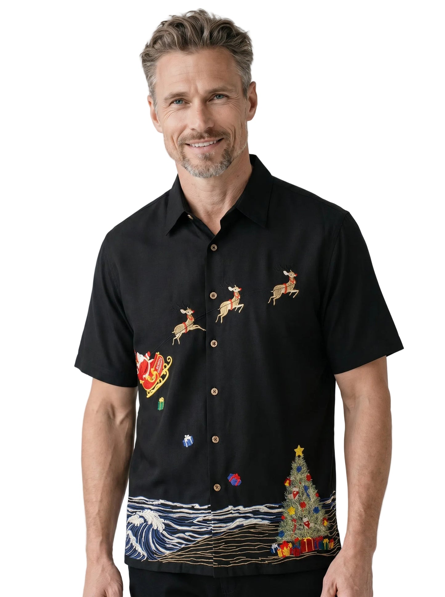 Coastal Christmas Embroidered Christmas Aloha Shirt by Bamboo Cay - Black