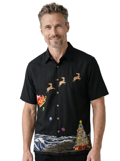Coastal Christmas Embroidered Christmas Aloha Shirt by Bamboo Cay - Black