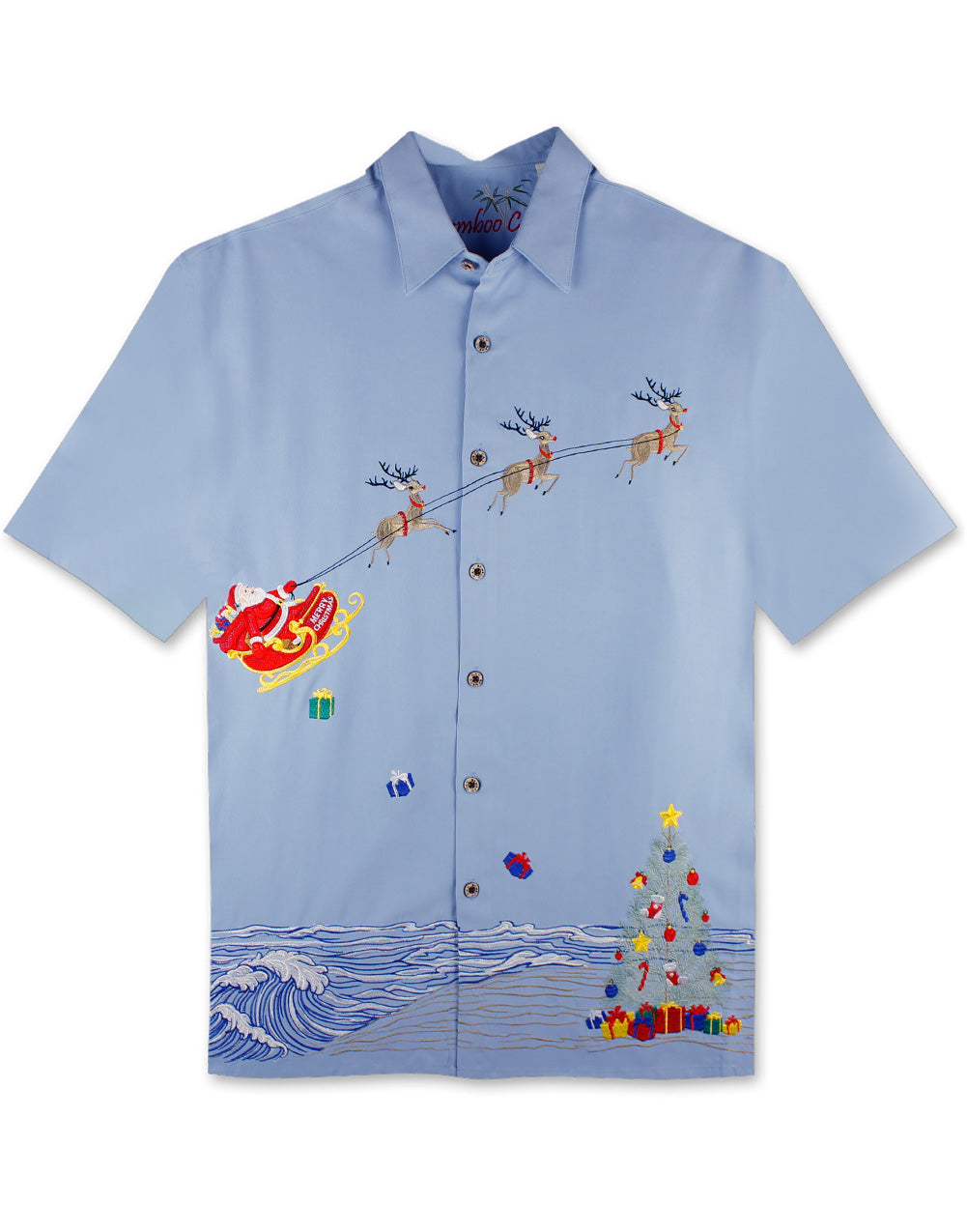 Coastal Christmas Embroidered Christmas Aloha Shirt by Bamboo Cay - New Blue