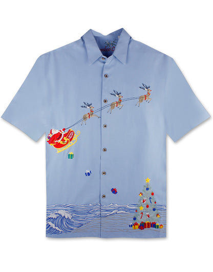 Coastal Christmas Embroidered Christmas Aloha Shirt by Bamboo Cay - New Blue