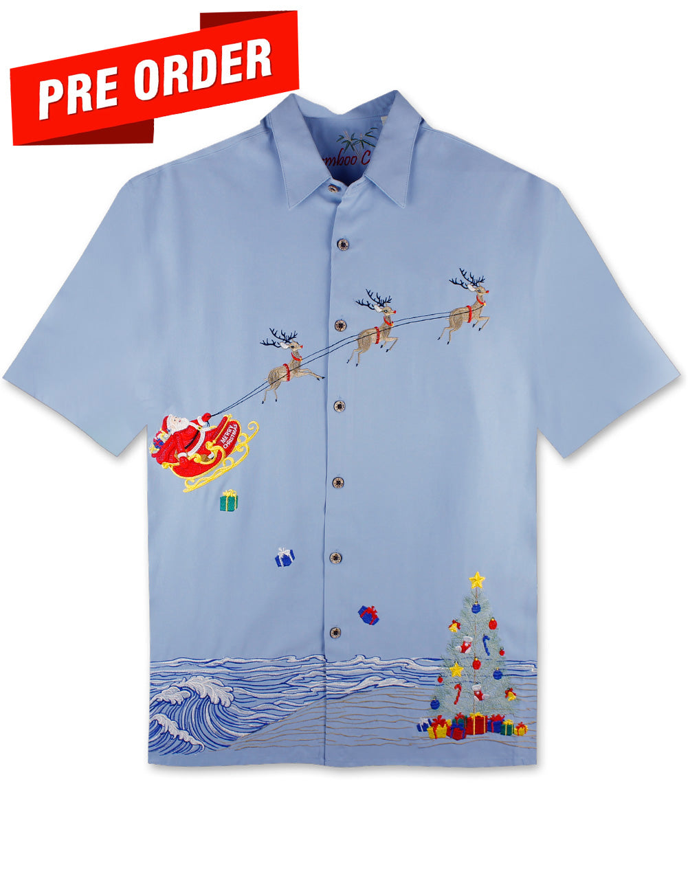 Coastal Christmas Embroidered Christmas Aloha Shirt by Bamboo Cay - New Blue