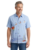 Coastal Christmas Embroidered Christmas Aloha Shirt by Bamboo Cay - New Blue