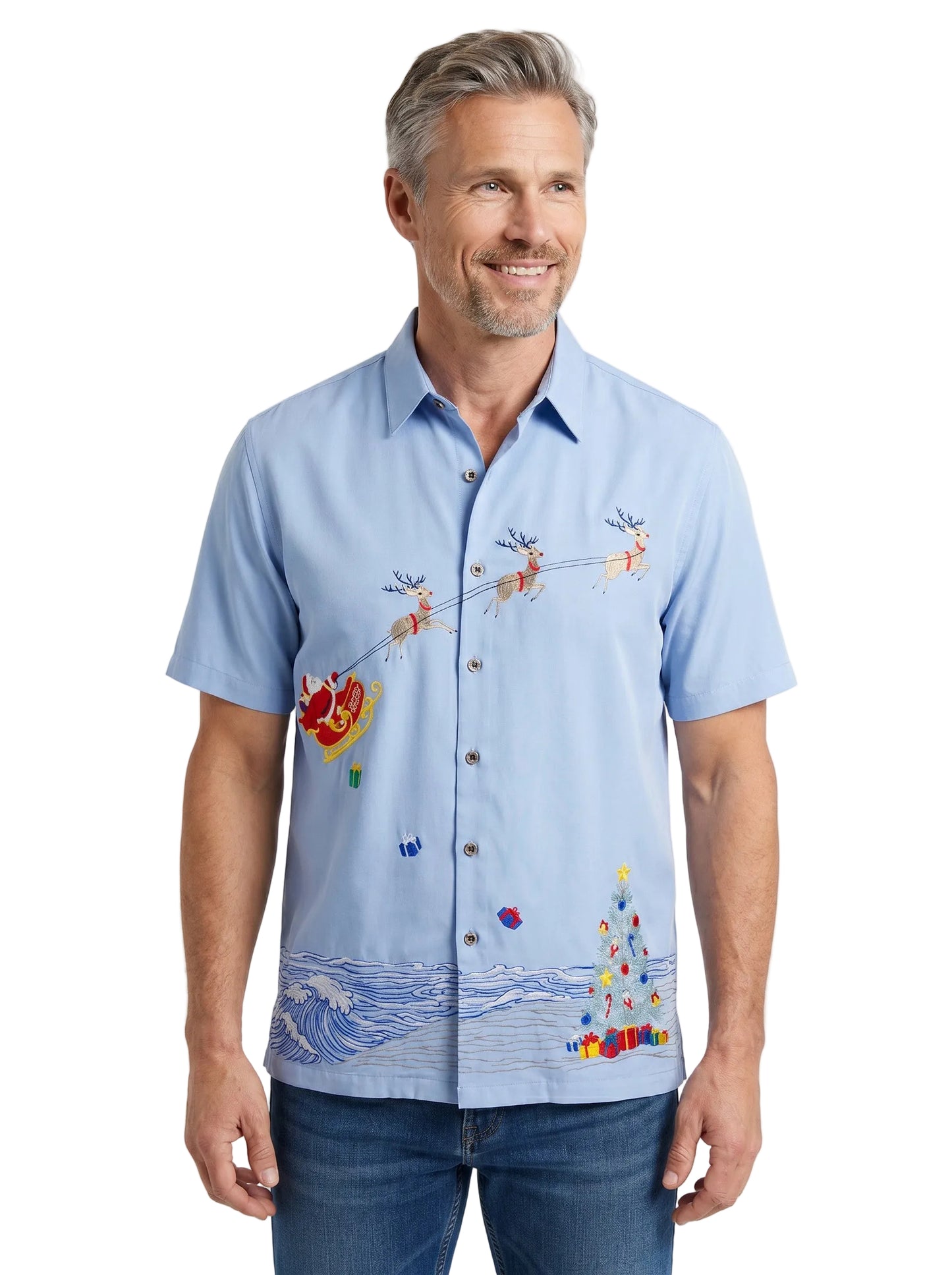 Coastal Christmas Embroidered Christmas Aloha Shirt by Bamboo Cay - New Blue