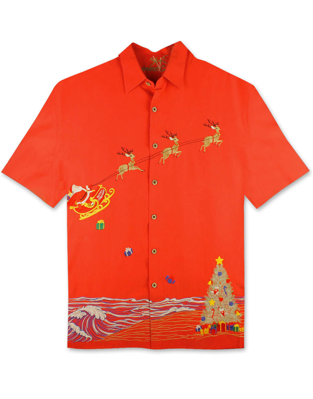 Coastal Christmas Embroidered Christmas Aloha Shirt by Bamboo Cay - Tomato