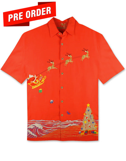Coastal Christmas Embroidered Christmas Aloha Shirt by Bamboo Cay - Tomato