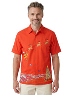Coastal Christmas Embroidered Christmas Aloha Shirt by Bamboo Cay - Tomato