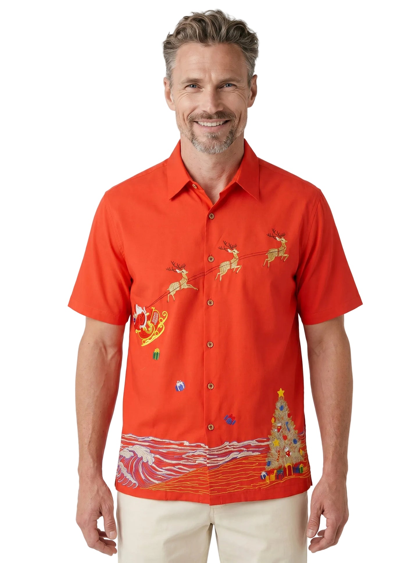 Coastal Christmas Embroidered Christmas Aloha Shirt by Bamboo Cay - Tomato