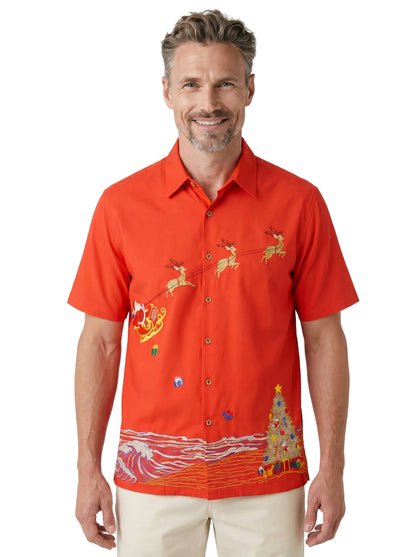 Coastal Christmas Embroidered Christmas Aloha Shirt by Bamboo Cay - Tomato