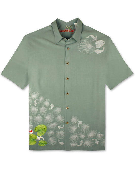 Lily Pad Koi Fish Embroidered Polynosic Camp Shirt by Bamboo Cay