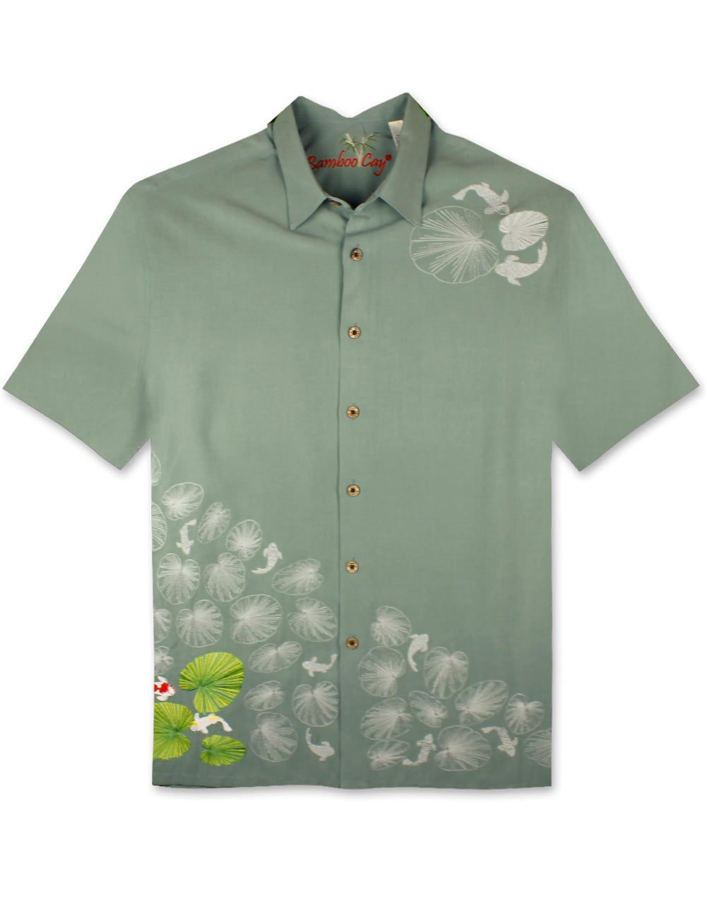 Lily Pad Koi Fish Embroidered Polynosic Camp Shirt by Bamboo Cay