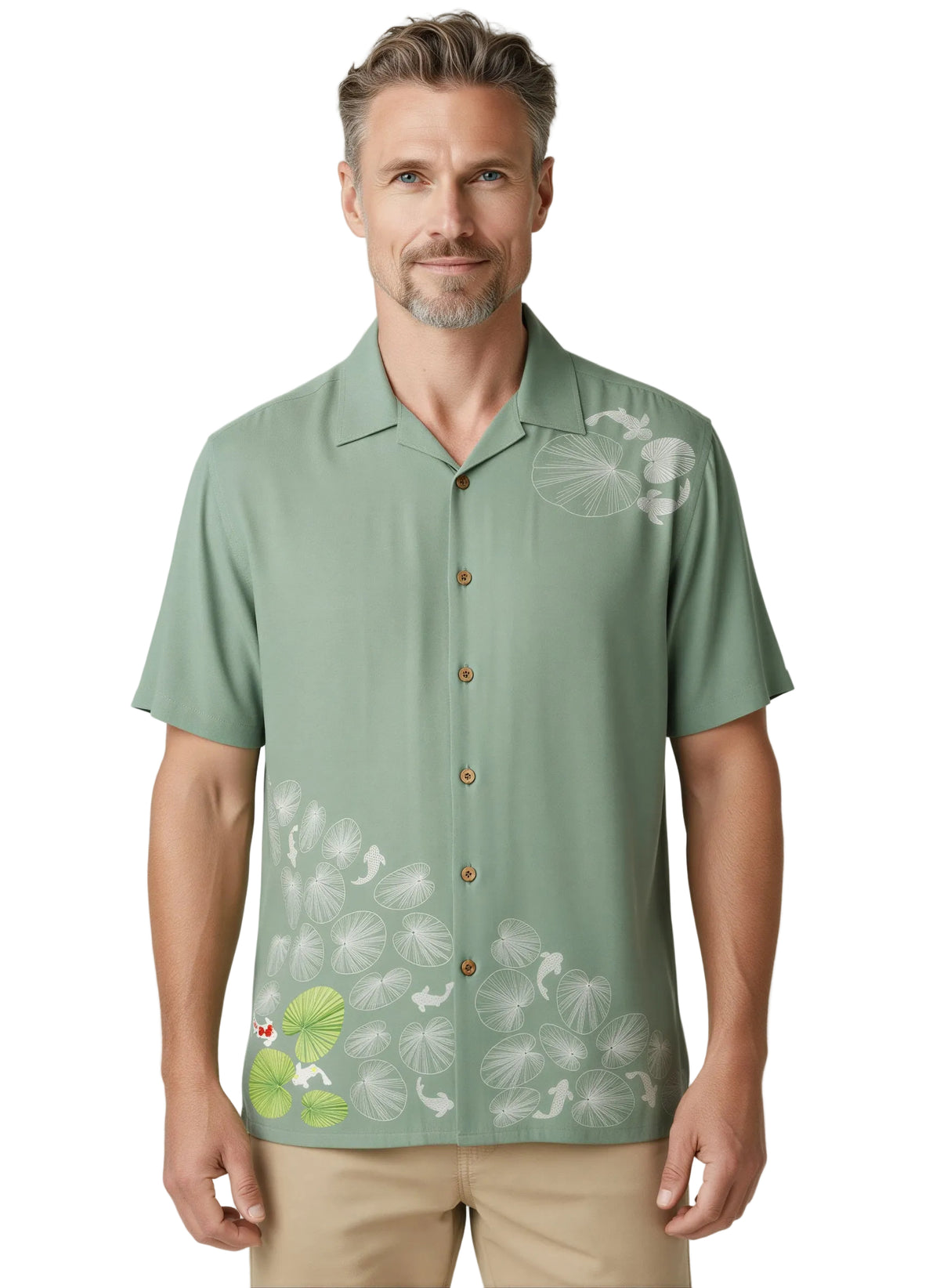 Lily Pad Koi Fish Embroidered Polynosic Camp Shirt by Bamboo Cay