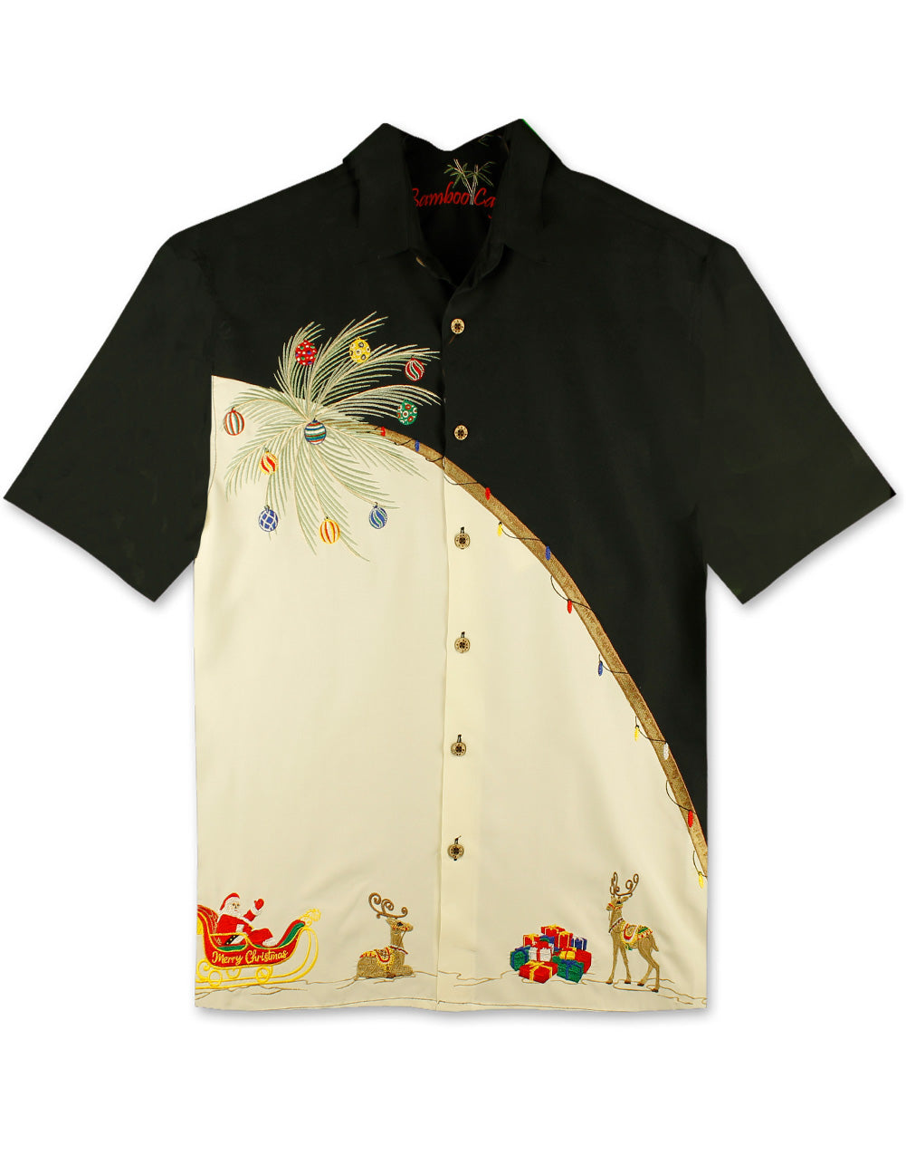 Holiday Palm Embroidered Christmas Aloha Shirt by Bamboo Cay - Black