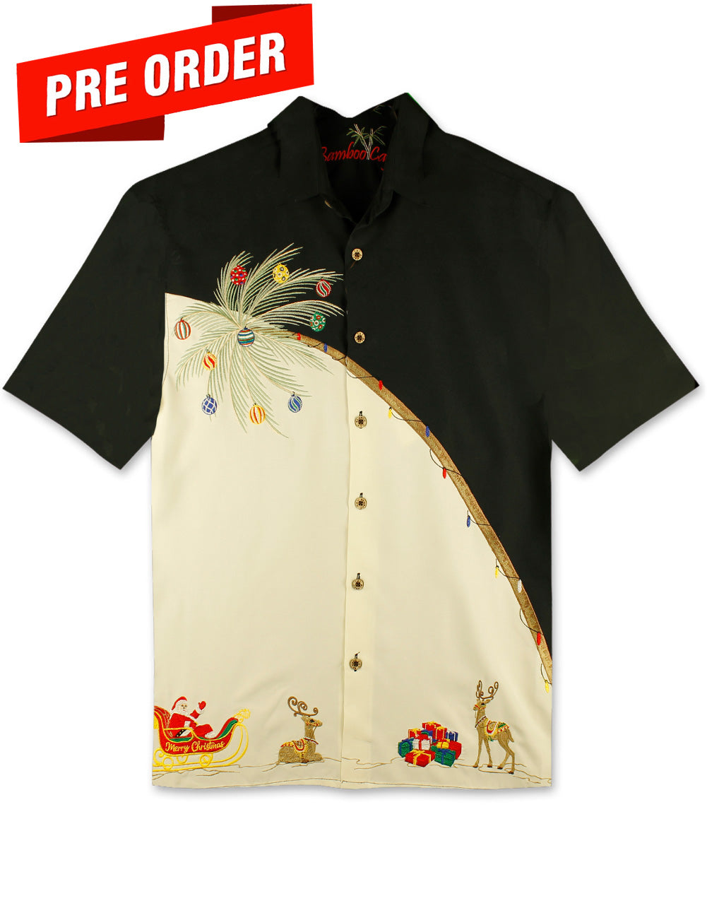 Holiday Palm Embroidered Christmas Aloha Shirt by Bamboo Cay - Black