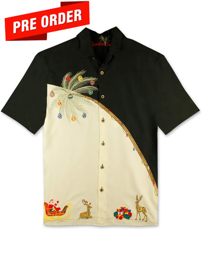 Holiday Palm Embroidered Christmas Aloha Shirt by Bamboo Cay - Black