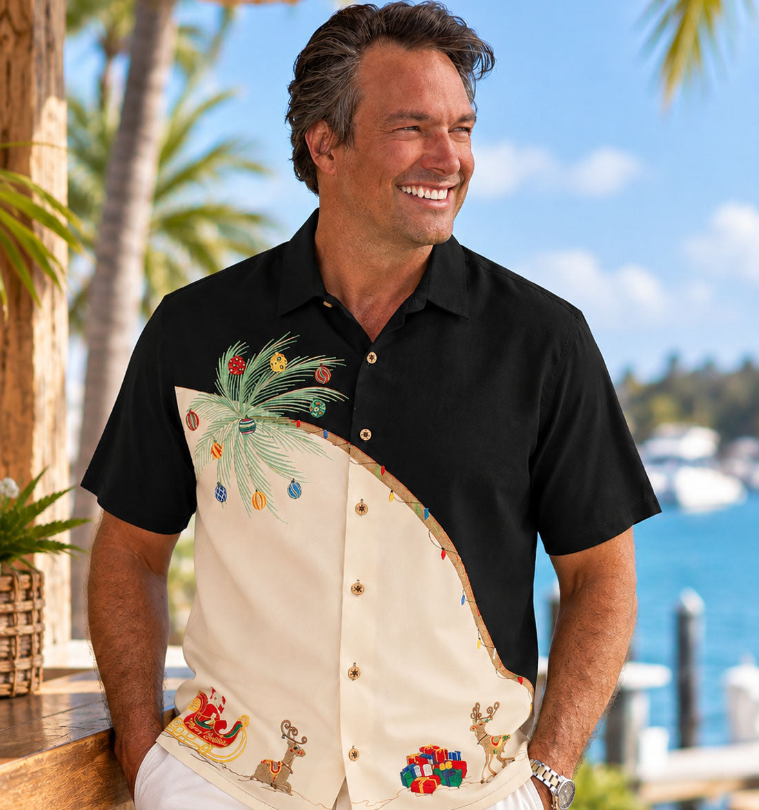 Holiday Palm Embroidered Christmas Aloha Shirt by Bamboo Cay - Black