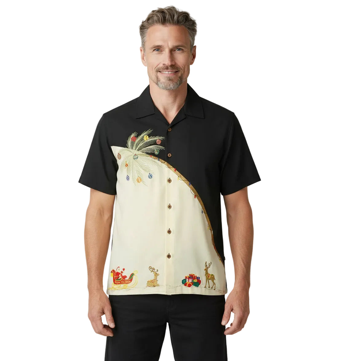 Holiday Palm Embroidered Christmas Aloha Shirt by Bamboo Cay - Black
