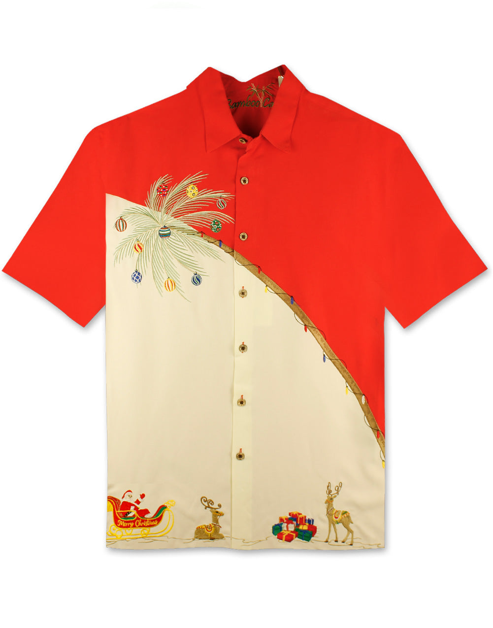 Holiday Palm Embroidered Christmas Aloha Shirt by Bamboo Cay - Tomato