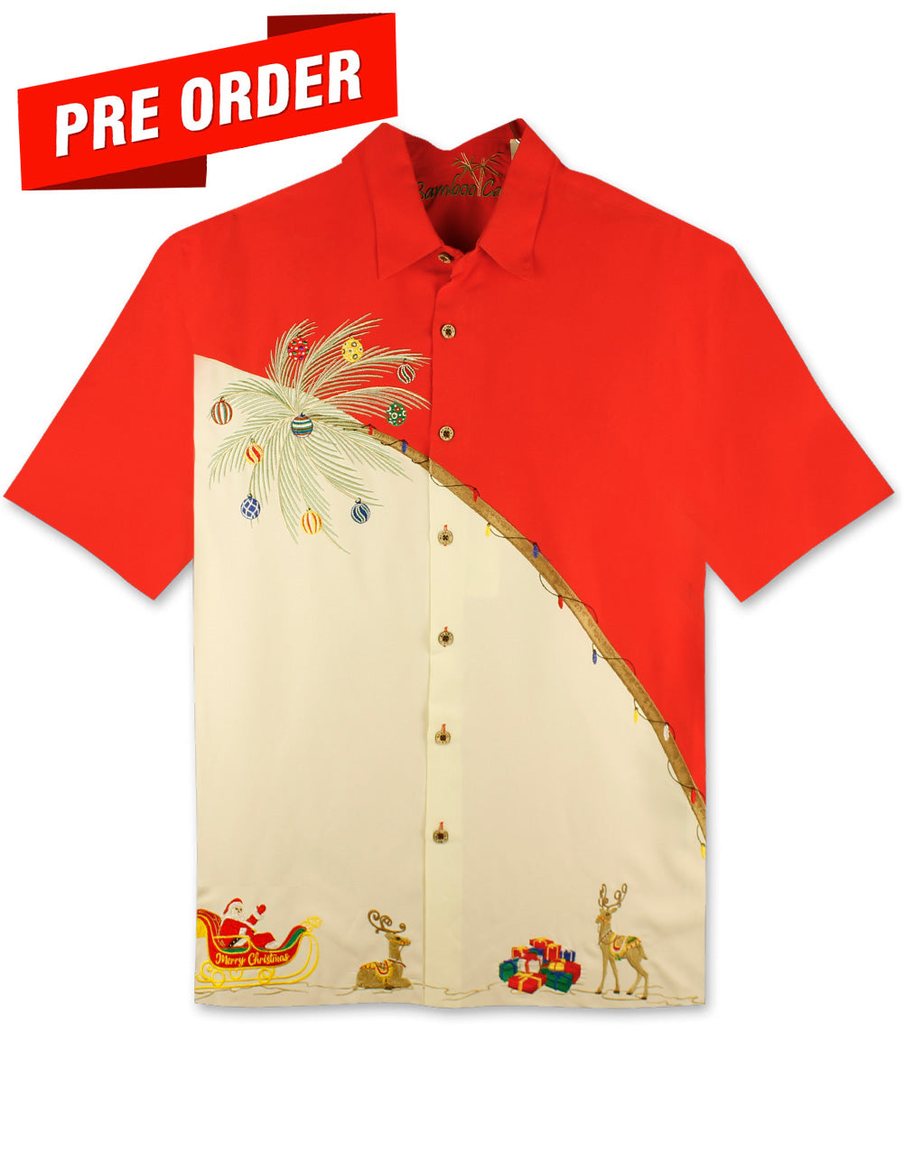 Holiday Palm Embroidered Christmas Aloha Shirt by Bamboo Cay - Tomato