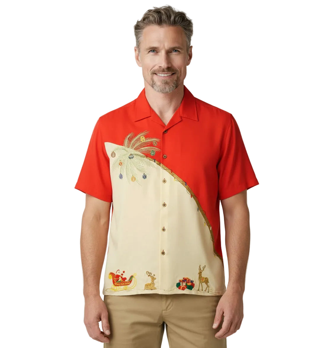 Holiday Palm Embroidered Christmas Aloha Shirt by Bamboo Cay - Tomato