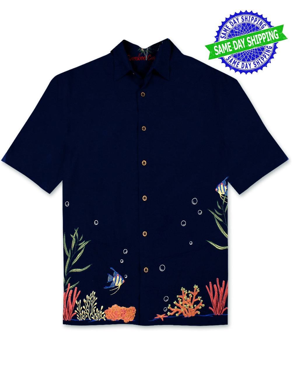 Coral Harmony Embroidered Polynosic Camp Shirt by Bamboo Cay