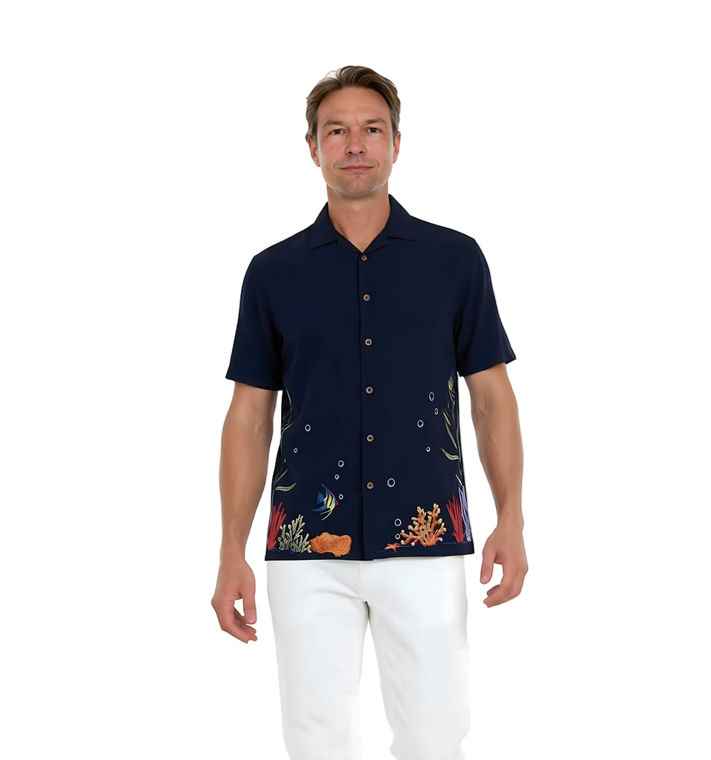 Coral Harmony Embroidered Polynosic Camp Shirt by Bamboo Cay