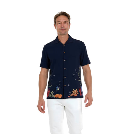 Coral Harmony Embroidered Polynosic Camp Shirt by Bamboo Cay
