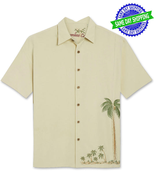 Front Elevated Palm Embroidered Polynosic Camp Shirt by Bamboo Cay