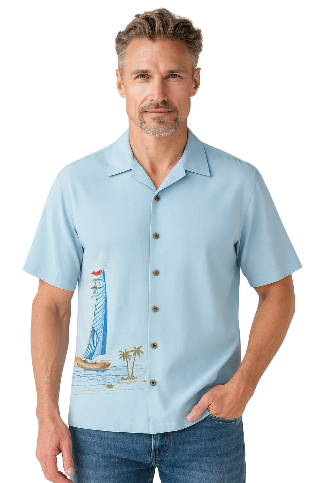 Sailing the Good Life Embroidered Polynosic Camp Shirt by Bamboo Cay