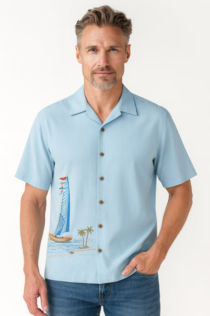 Sailing the Good Life Embroidered Polynosic Camp Shirt by Bamboo Cay