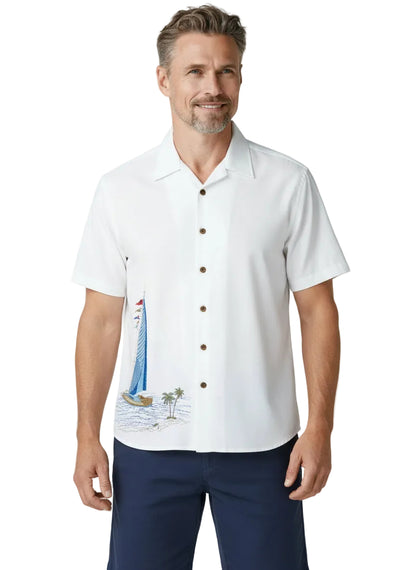 Sailing the Good Life Embroidered Polynosic Camp Shirt by Bamboo Cay