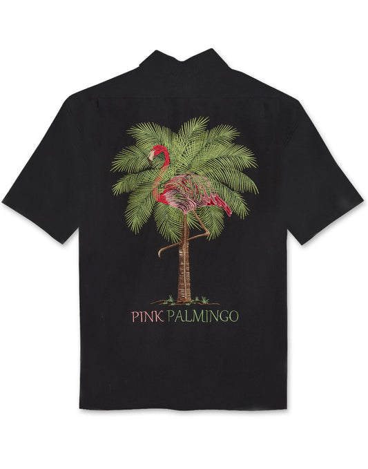 Pink Palmingo Embroidered Polynosic Camp Shirt by Bamboo Cay