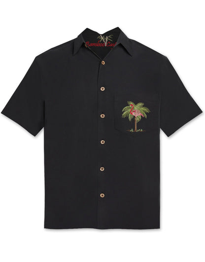 Pink Palmingo Embroidered Polynosic Camp Shirt by Bamboo Cay