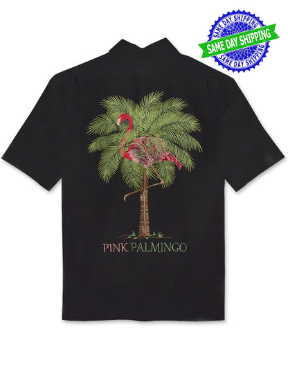 Pink Palmingo Embroidered Polynosic Camp Shirt by Bamboo Cay