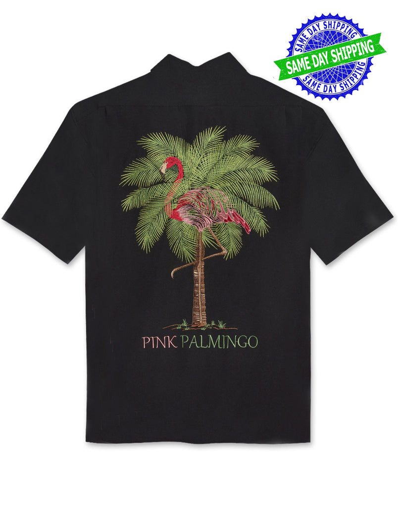 Pink Palmingo Embroidered Polynosic Camp Shirt by Bamboo Cay