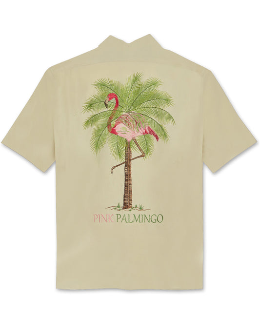 Pink Palmingo Embroidered Polynosic Camp Shirt by Bamboo Cay