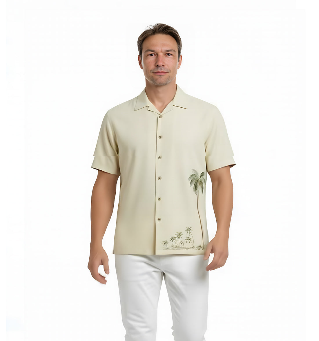 Front Elevated Palm Embroidered Polynosic Camp Shirt by Bamboo Cay