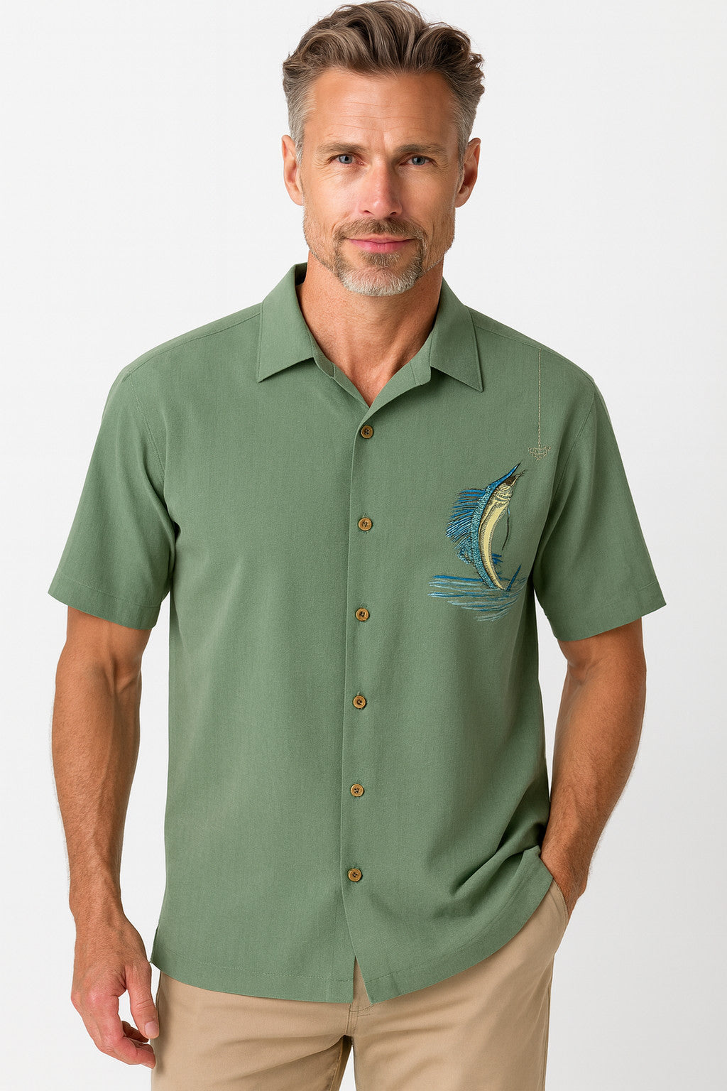 Hooked On Palm Embroidered Polynosic Camp Shirt by Bamboo Cay