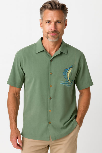Hooked On Palm Embroidered Polynosic Camp Shirt by Bamboo Cay