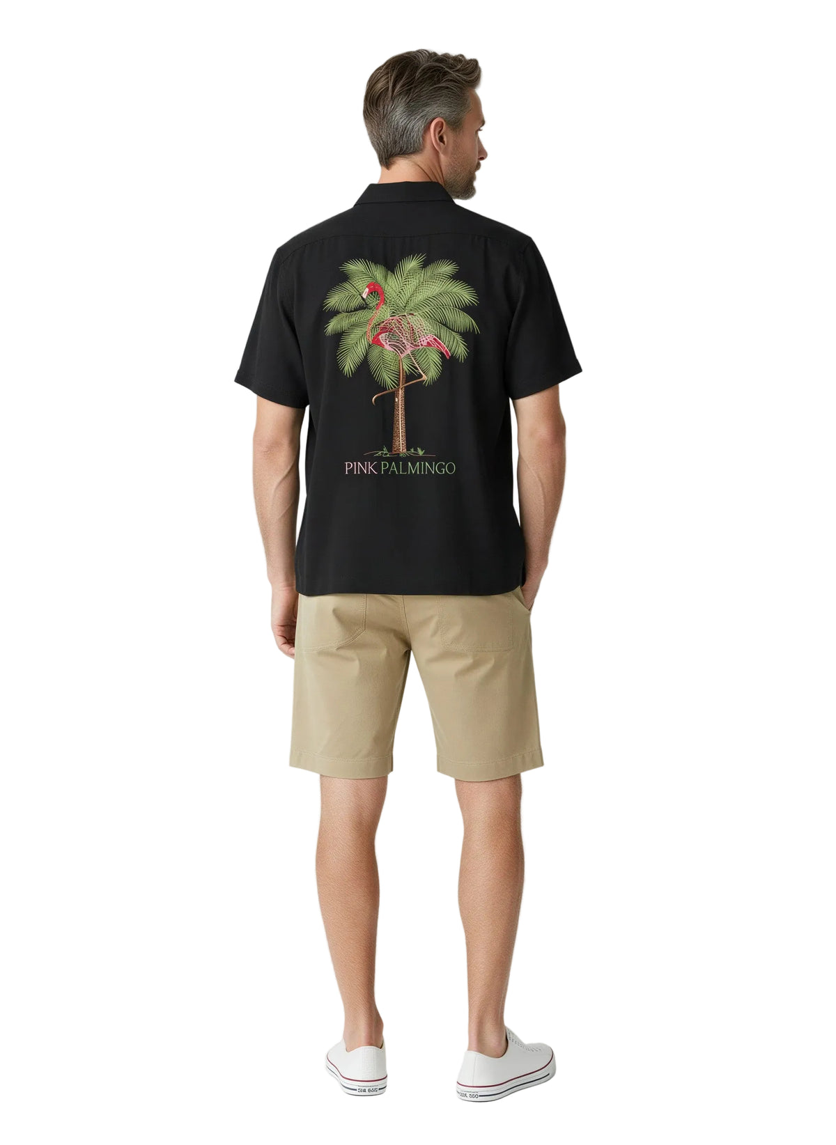 Pink Palmingo Embroidered Polynosic Camp Shirt by Bamboo Cay