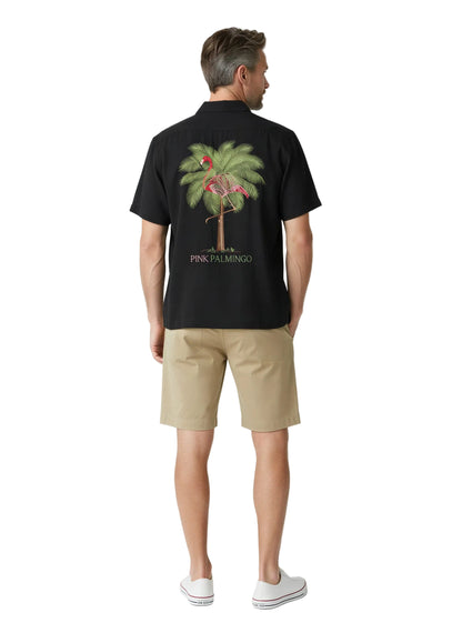 Pink Palmingo Embroidered Polynosic Camp Shirt by Bamboo Cay