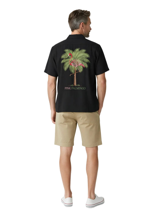 Pink Palmingo Embroidered Polynosic Camp Shirt by Bamboo Cay